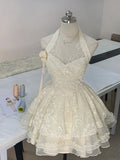 Vintage Ivory Lace A-Line Homecoming Dress Sequin Party Dress Short Halter-neck Cocktail Dress HZ1024