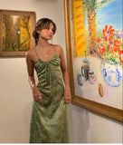 Vintag Green Satin Spaghetti Strap Prom Dress Party Dress Evening Dress HZ1024