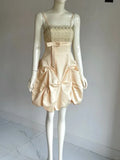 Vintage Champagne A-Line Spaghetti Strap Homecoming Dress Satin Beaded Party Dress Short Cocktail Dress HZ1024