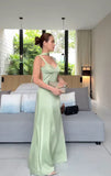 Vintage Sage Green Satin Evening Gown Sheath Straps Party Dress Long Formal Dress HZ1024