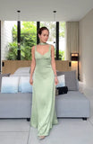 Vintage Sage Green Satin Evening Gown Sheath Straps Party Dress Long Formal Dress HZ1024