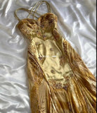 Vintage Golden Sweetheart Applique A-line Spaghetti Strap Evening Dress Prom Dresses HZ1024