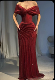 Glittering Burgundy Sheath Evening Gown Off-the-shoulder Party Dress Floor Length Formal Dress HZ1024