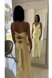 Vintage Yellow V-neck Mermaid Satin Spaghetti Strap Party Dress Evening Gown Bridesmaid Dress HZ1024