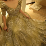 Gorgeous Sparkling Beaded Sequin Short-sleeve A-Line Long Prom Dress Evening Dress HZ1024