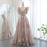 Gorgeous Sparkling Beaded Sequin Short-sleeve A-Line Long Prom Dress Evening Dress HZ1024