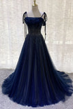 Vintage Navy Blue Shiny Sequin Spaghetti Strap Design A-Line Chiffon Tulle Evening Dress Prom Dress HZ1024