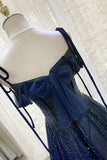 Vintage Navy Blue Shiny Sequin Spaghetti Strap Design A-Line Chiffon Tulle Evening Dress Prom Dress HZ1024