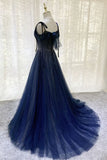 Vintage Navy Blue Shiny Sequin Spaghetti Strap Design A-Line Chiffon Tulle Evening Dress Prom Dress HZ1024