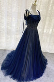 Vintage Navy Blue Shiny Sequin Spaghetti Strap Design A-Line Chiffon Tulle Evening Dress Prom Dress HZ1024