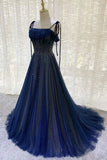 Vintage Navy Blue Shiny Sequin Spaghetti Strap Design A-Line Chiffon Tulle Evening Dress Prom Dress HZ1024