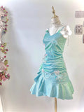 Fashion Mint Green Sparkling Sequin Spaghetti Strap Ruffled Hem Short 16th Birthday Party Dress Homecoming Dress HZ1024