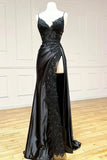 Vintage Applique V-neck Spaghetti Strap Satin Floor-length High Slit Prom Dress Evening Dress HZ1024