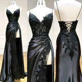 Vintage Applique V-neck Spaghetti Strap Satin Floor-length High Slit Prom Dress Evening Dress HZ1024