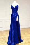 Vintage Applique V-neck Spaghetti Strap Satin Floor-length High Slit Prom Dress Evening Dress HZ1024