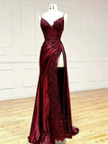 Vintage Applique V-neck Spaghetti Strap Satin Floor-length High Slit Prom Dress Evening Dress HZ1024