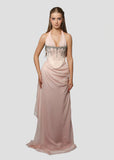 Vintage Pink Shiny Beaded Halter-neck Long Prom Dress Evening Dress HZ1024