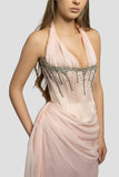 Vintage Pink Shiny Beaded Halter-neck Long Prom Dress Evening Dress HZ1024