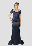 Vintage Dark Blue Mermaid Design Valentine Couture Satin Short-sleeved Prom Dress Evening Dress HZ1024