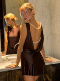 Enchanting Brown Satin Backless Pearl Chain Decoration Short A-Line Party Dress Cocktail Dress Homecoming Dress HZ1024