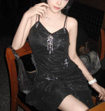 Sparkling Black Sequin Spaghetti Strap Design 16th Birthday Party Dress Homecoming Dress HZ1024