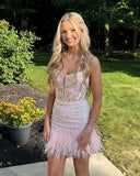 Fashion Light Pink Lace Feather Design Short Spaghetti Strap Homecoming Dress HZ1024