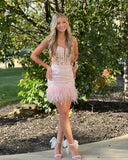 Fashion Light Pink Lace Feather Design Short Spaghetti Strap Homecoming Dress HZ1024