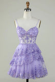 Charming Lilac Lace Sequined Appliqued Design A-line Mini Spaghetti Strap Homecoming Dress HZ1024