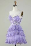 Charming Lilac Lace Sequined Appliqued Design A-line Mini Spaghetti Strap Homecoming Dress HZ1024