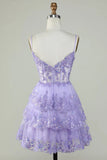 Charming Lilac Lace Sequined Appliqued Design A-line Mini Spaghetti Strap Homecoming Dress HZ1024