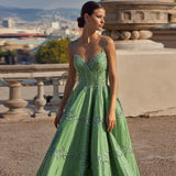Gorgeous Green Shiny Beaded Spaghetti Strap A-Line Long Prom Dress Evening Dress HZ1024