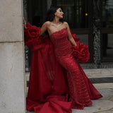 Gorgeous Burgundy Beaded Strapless Cape Design Sheath Long Prom Dress Evening Dress HZ1024