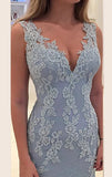 Mermaid Straps V Neck Lace Maxi Prom Dress Sky Blue Formal Gown HZ1024