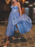Blue tulle tea length prom dress, blue tulle evening dress HZ1024