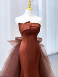 Brown Mermaid Satin Tulle Long Prom Dress, Brown Long Evening Dress HZ1024