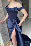 AMAZING LONG NAVY OFF-THE-SHOULDER MERMAID EVENING PARTY GOWNS LONG SLIT HZ1024