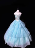 Gorgeous Shiny Blue Beaded Strapless Sweet 16 Quinceanera A-Line Floor-length Prom Dress Evening Dress Ball Gown HZ1024