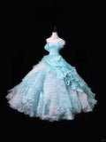 Elegant Blue Off-the shoulder Organza Tiered Pleated A-Line Ball Gown Prom Dress Sweet 16 Quinceanera Party Dress HZ1024