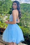 Fashion Light Blue Lace-Up Design A-line Tulle Short Homecoming Dress HZ1024