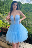 Fashion Light Blue Lace-Up Design A-line Tulle Short Homecoming Dress HZ1024