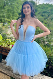 Fashion Light Blue Lace-Up Design A-line Tulle Short Homecoming Dress HZ1024