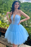 Fashion Light Blue Lace-Up Design A-line Tulle Short Homecoming Dress HZ1024