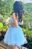 Fashion Light Blue Lace-Up Design A-line Tulle Short Homecoming Dress HZ1024
