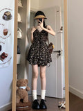 Simple Black Floral Irregular Ruffled Hem Design A-line Sleeveless Spaghetti Strap Dress HZ1024
