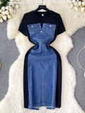 Fashion Design Sense Crew Neck Short Sleeve Patchwork Denim Dress HZ1024