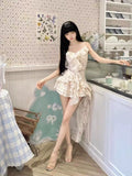 Fashion Irregular Ruffled Floral Design A-line Sleeveless Spaghetti Strap Dress HZ1024