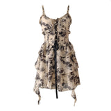 New Fashion Floral Ruffled Design A-line Cinched Waist Sleeveless Spaghetti Strap Dress HZ1024