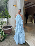 Chic Sky Blue Ruffled Tiered Evening Gown Sheath Chiffon Party Dress Long Formal Dress HZ1024