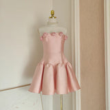 Retro Pink 3D Flowers Design A-line Strapless Satin Mini Party Dress Homecoming Dress HZ1024