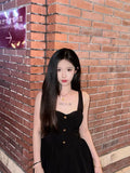 New Fashion Cinched Waist Design Black A-line Sleeveless Spaghetti Strap Dress HZ1024